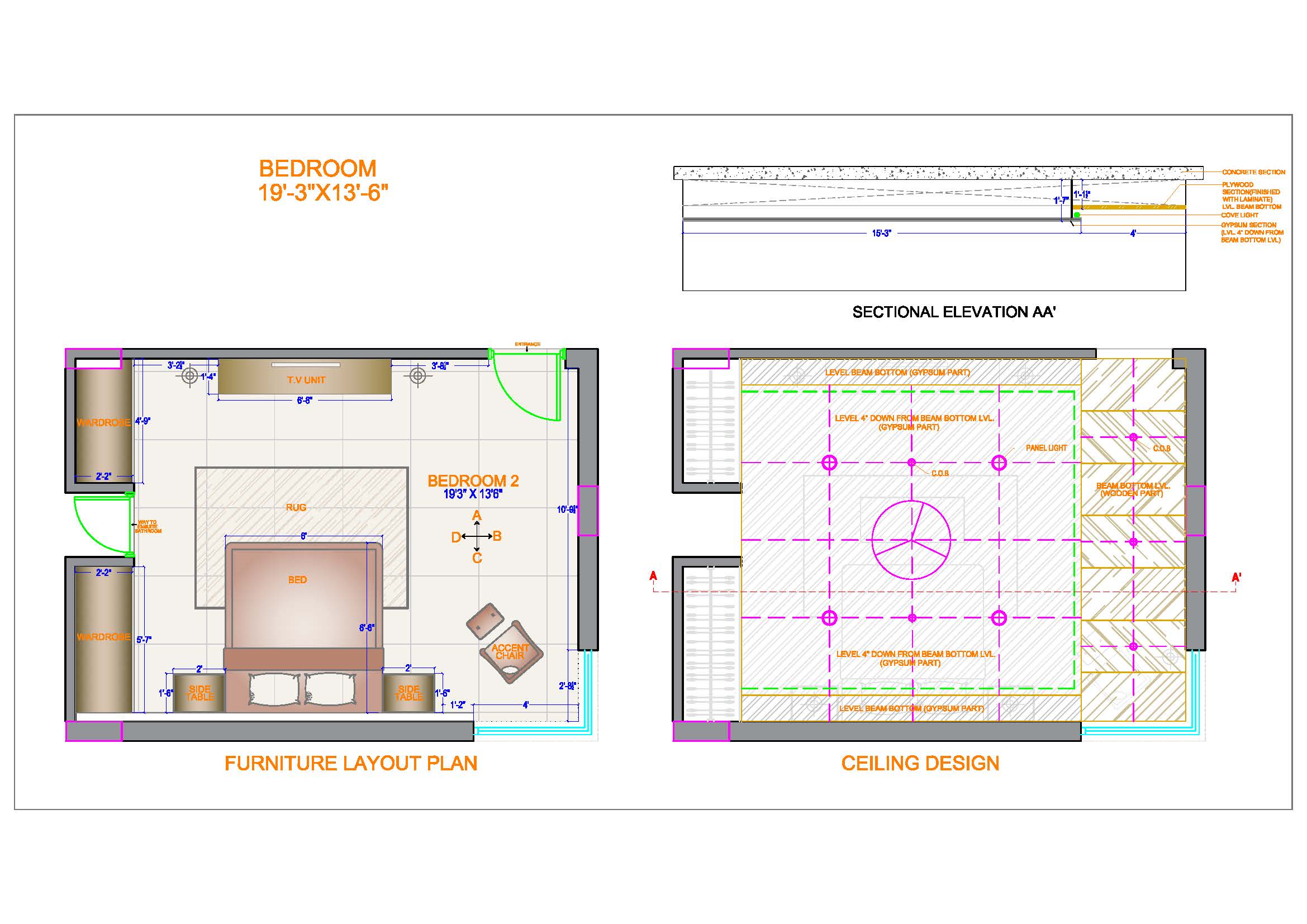 Bedroom Furniture Layout and False Ceiling CAD Detail